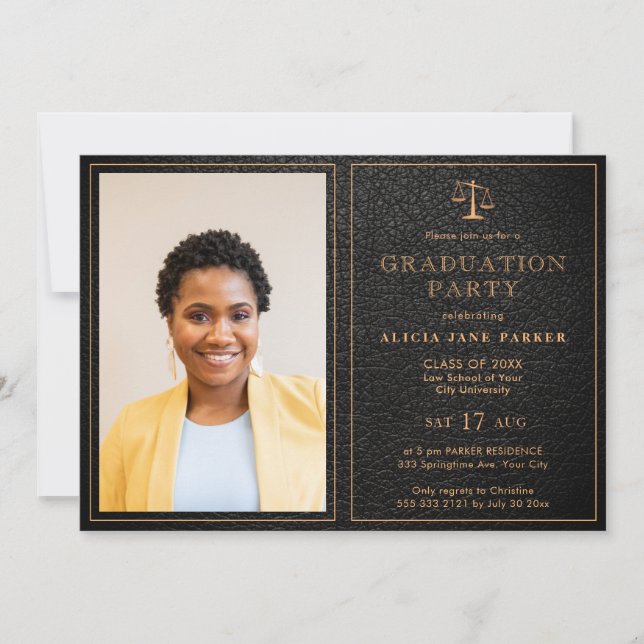Law school graduation photo elegant black gold invitation (Front)