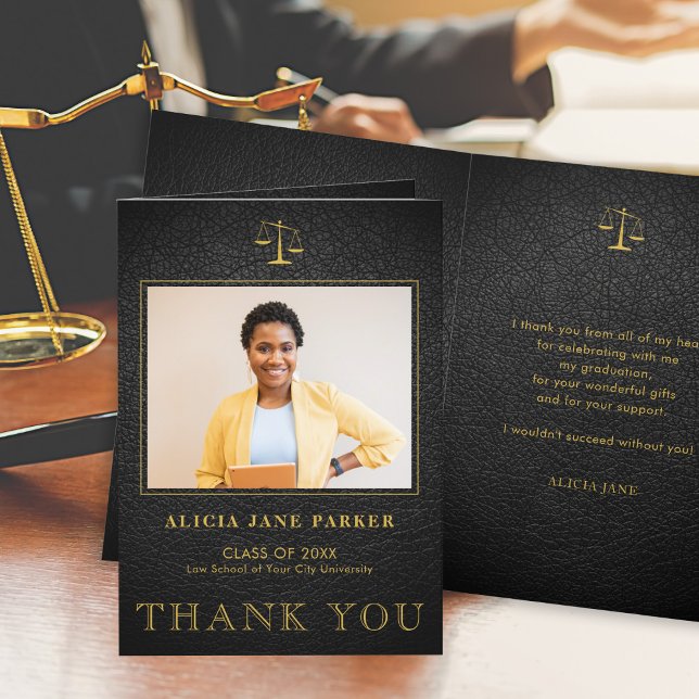 Law school graduation photo elegant black gold thank you card (Creator Uploaded)
