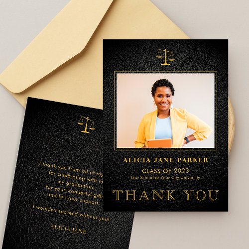 Law school graduation photo elegant black gold thank you card