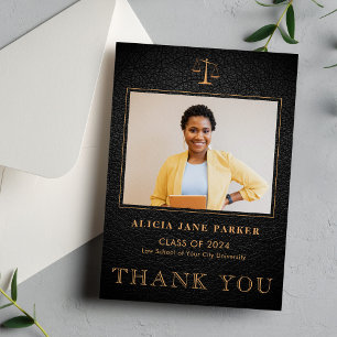 Law school graduation photo elegant black gold thank you card