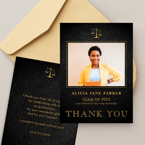 Law school graduation photo elegant black gold thank you card