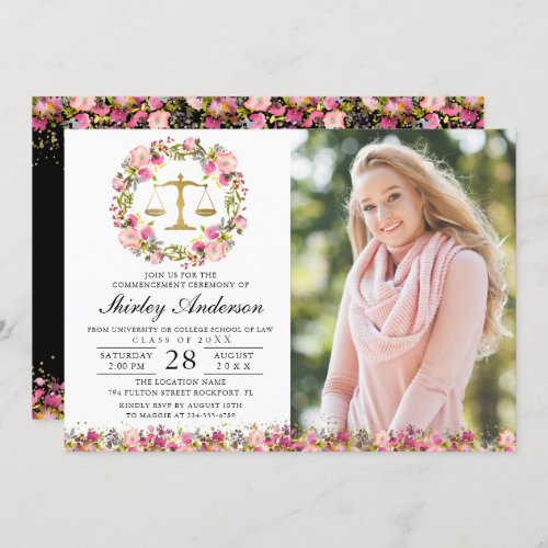 Law School Graduation Pink Gold Floral Grad Photo Invitation