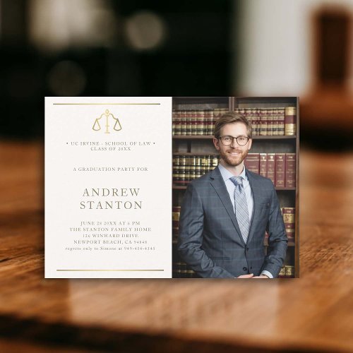 Law School Graduation Scales Photo Modern Elegant Invitation