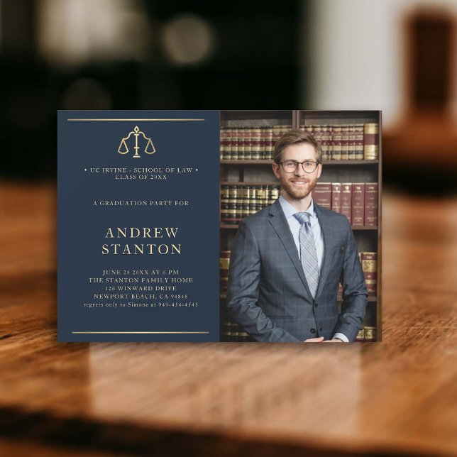 Law School Graduation Scales Photo Modern Navy Invitation (law school graduation party invitation photo gold scales of justice elegant modern classy navy blue)