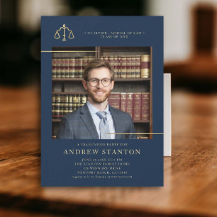 Law School Graduation Scales Photo Modern Navy Invitation