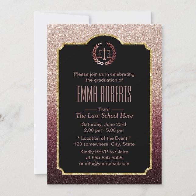 Law School Lawyer Graduation Rose Gold Ombre Invitation (Front)