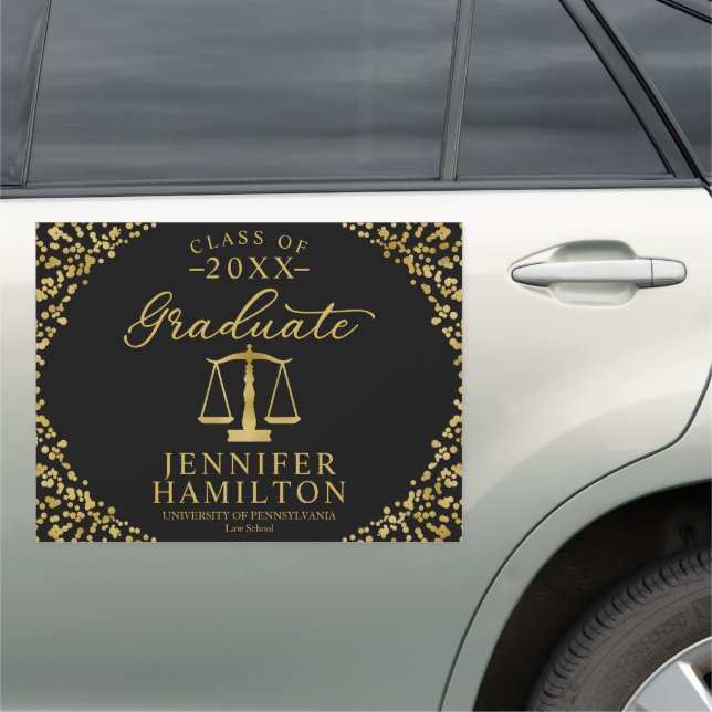 Law School Modern Black Gold Confetti Graduation Car Magnet (In Situ)