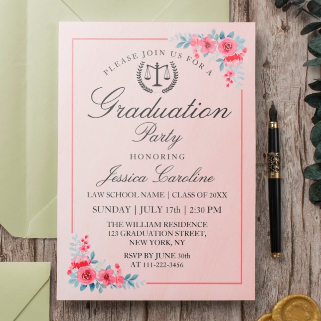 Law School Modern Graduation Party With Flowers Invitation (Creator Uploaded)