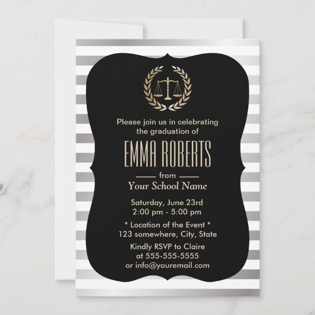 Law School Modern Silver Stripes Graduation Party Invitation (Front)