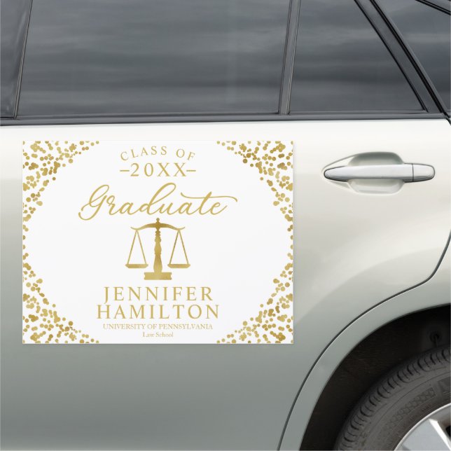 Law School Modern White Gold Confetti Graduation Car Magnet (In Situ)