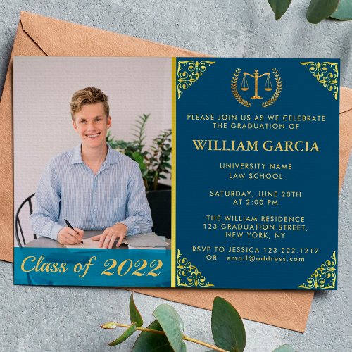 Law School Navy Graduation Party Laurel Wreath Invitation