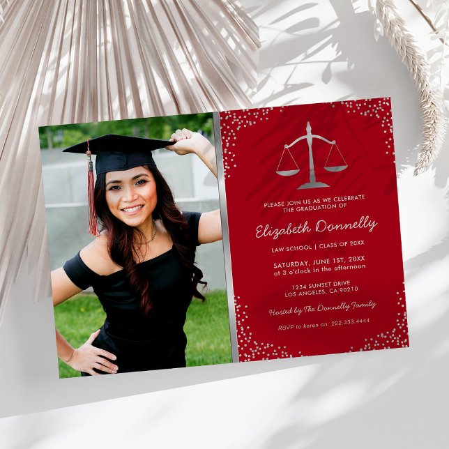 Law School Photo Red Silver Graduation Party Invitation (Creator Uploaded)