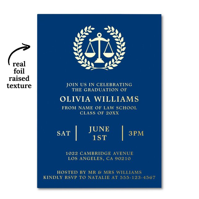 Law School Scales Of Justice Navy Gold Grad Party Foil Invitation (Law school graduation party invitation with real gold foil raised texture)