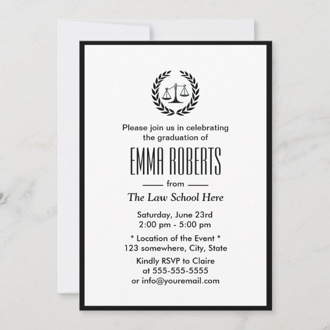 Law School Simple Plain Black Border Graduation Invitation (Front)