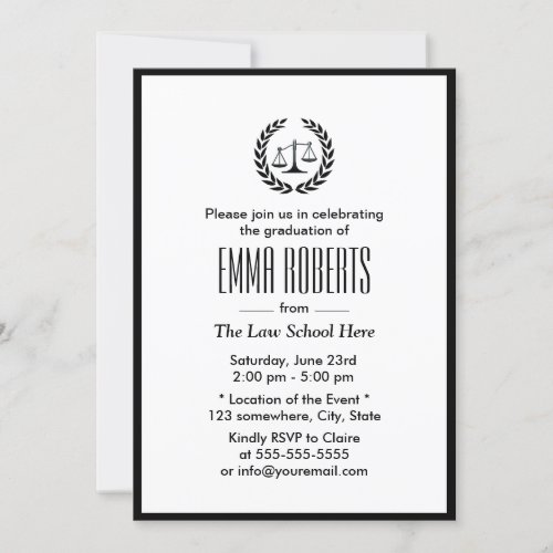Law School Simple Plain Black Border Graduation 5x7 Paper Invitation Card