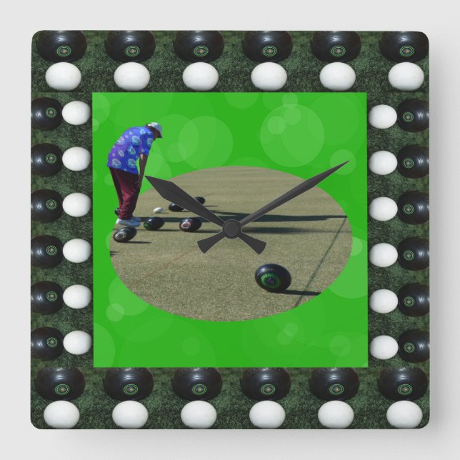 Lawn Bowler Calling Close Bowls, Square Wall Clock (Front)