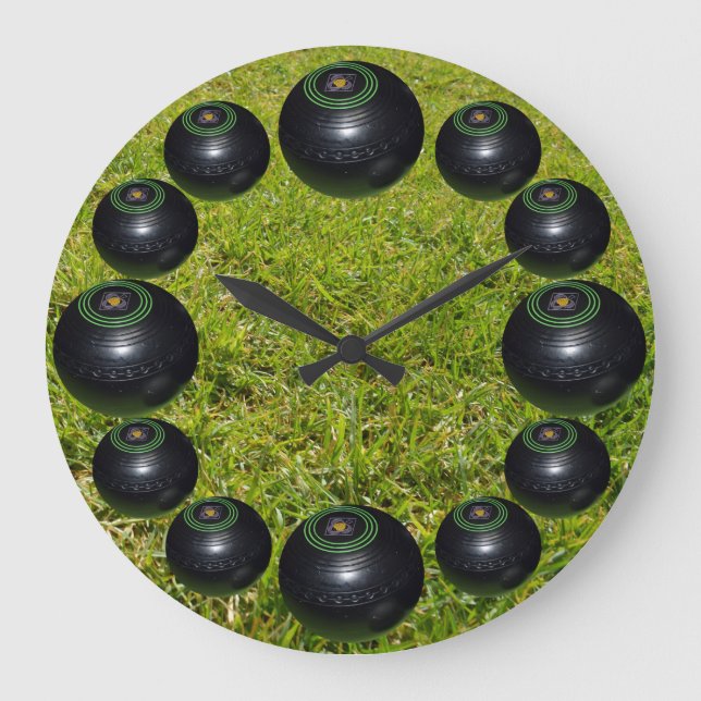 Lawn Bowls On Green Grass, Large Clock (Front)