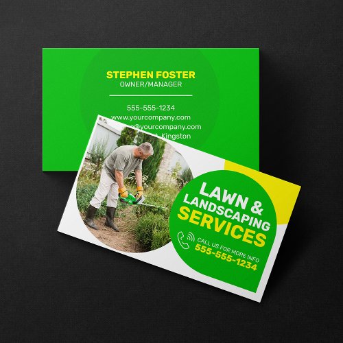 Lawn Care and Landscaping Service Green  Yellow Business Card