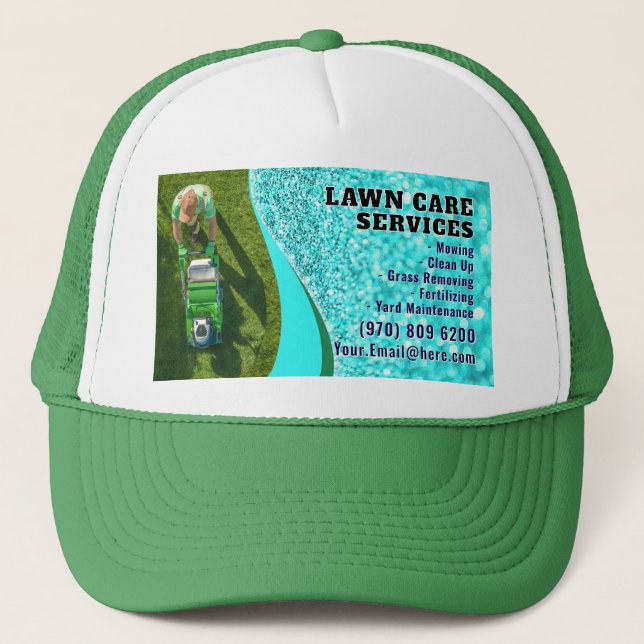 Lawn Care Business Card Landscaping Mowing Grass Trucker Hat (Front)