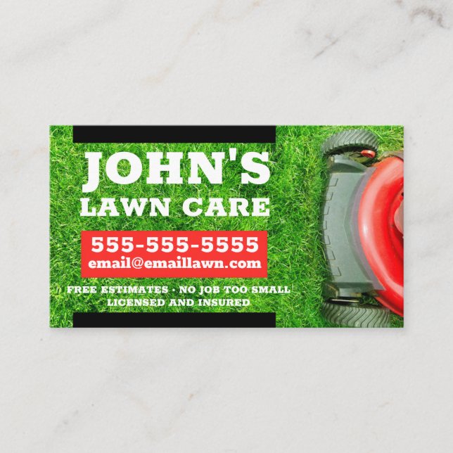 Lawn care business card with red lawnmower (Front)