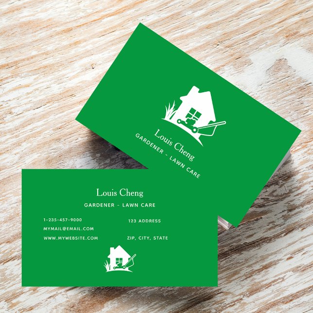 Lawn care gardening green white mower business card (Creator Uploaded)