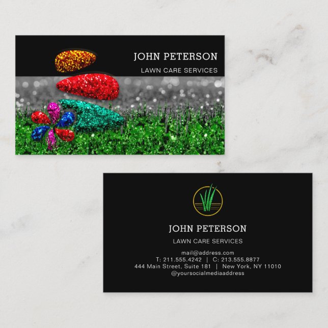 Lawn Care Gardening Landscape Services Logo Black Business Card (Front/Back)