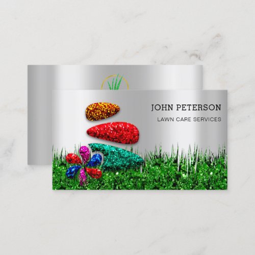 Lawn Care Gardening Landscape Services Logo Silver Business Card