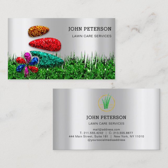 Lawn Care Gardening Landscape Services Logo Silver Business Card (Front/Back)
