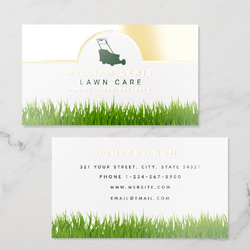 Lawn Care Gold Landscaping Mowing Gardener Grass Foil Business Cards