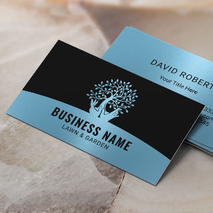 Lawn Care Hands Holding Tree Blue Landscaping Business Card