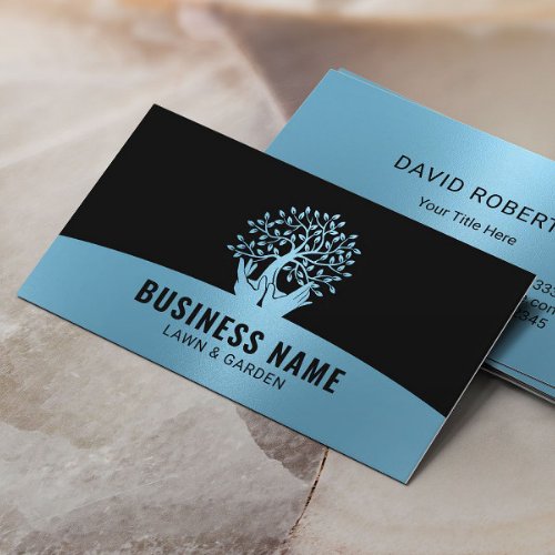 Lawn Care Hands Holding Tree Blue Landscaping Business Card