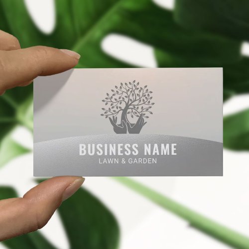 Lawn Care Hands Holding Tree Silver Landscaping Business Card