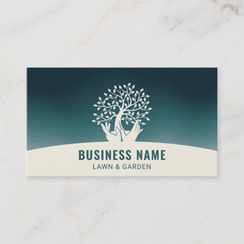 Lawn Care Hands Holding Tree Teal Landscaping  Business Card