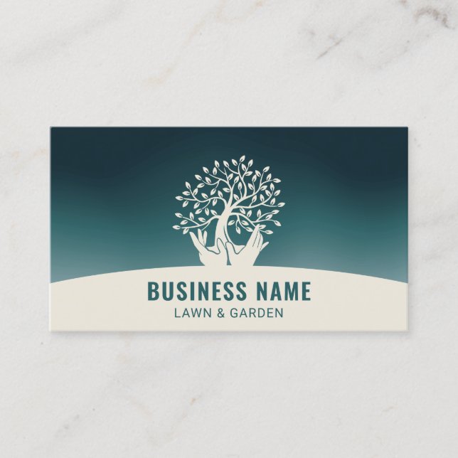 Lawn Care Hands Holding Tree Teal Landscaping  Business Card (Front)
