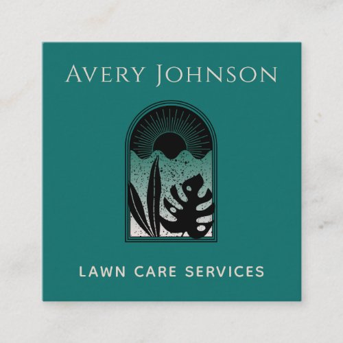 Lawn Care Landscaping Gardening Elegant Green Leaf Square Business Card