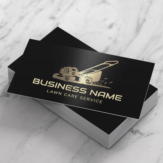 Lawn Care & Landscaping Gold Mower Logo Black Business Card (Creator Uploaded)