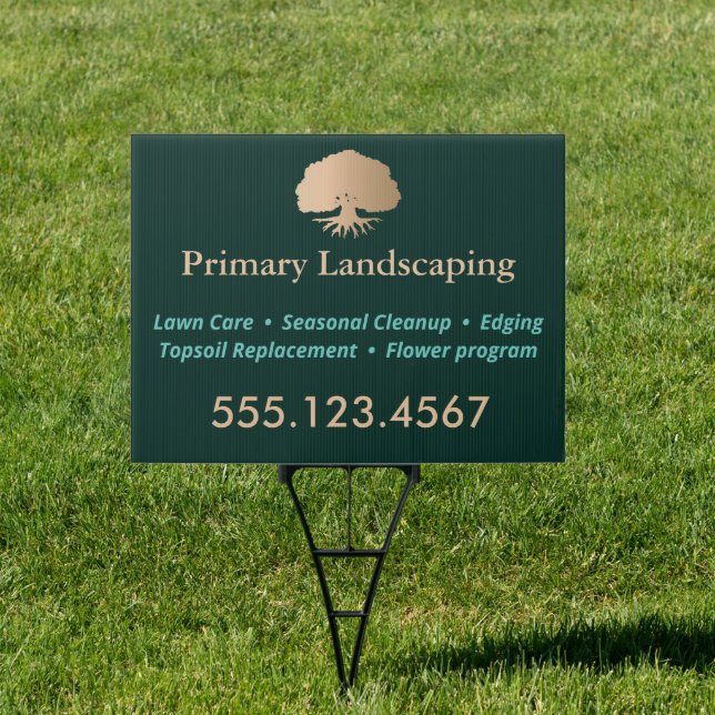 Lawn Care Landscaping  Gold Tree with Roots Sign (Insitu)