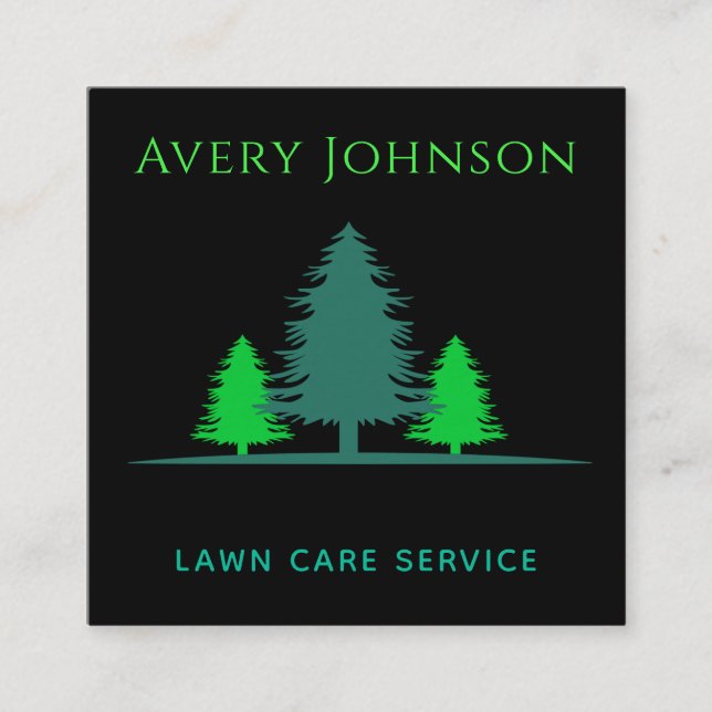 Lawn Care Landscaping Lonely Pine Trees Green Neon Square Business Card (Front)