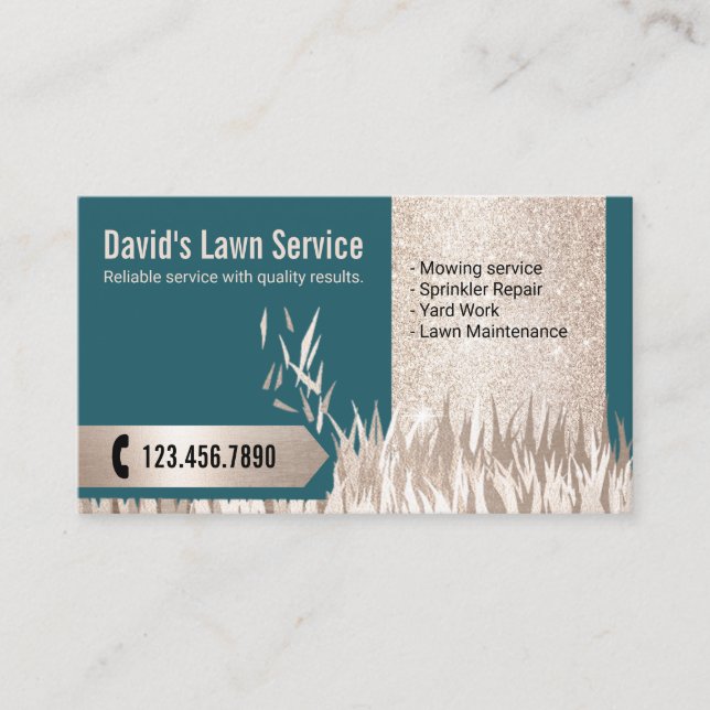 Lawn Care Landscaping Luxury Teal & Gold Business Card (Front)