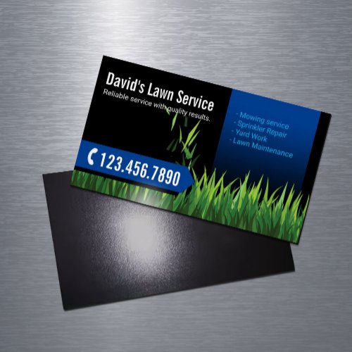 Lawn Care Landscaping Mowing Black  Blue Business Card Magnet