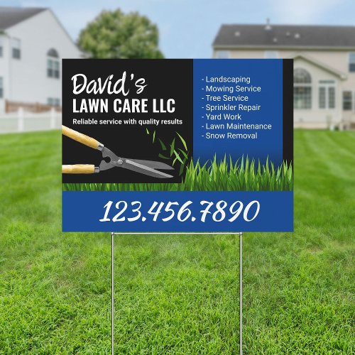 Lawn Care Landscaping Mowing Black  Blue Sign