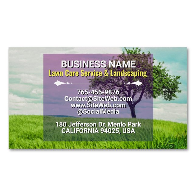 Lawn Care & Landscaping, Mowing Grass Tree Service Business Card Magnet (Front)