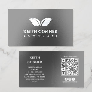 Lawn Care Landscaping Qr Code Silver Foil Business Cards