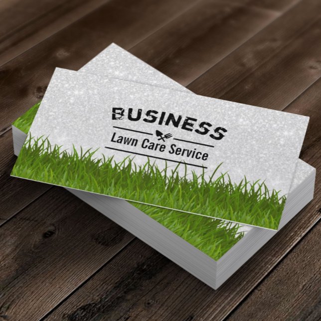 Lawn Care & Landscaping Service Silver Glitter Business Card