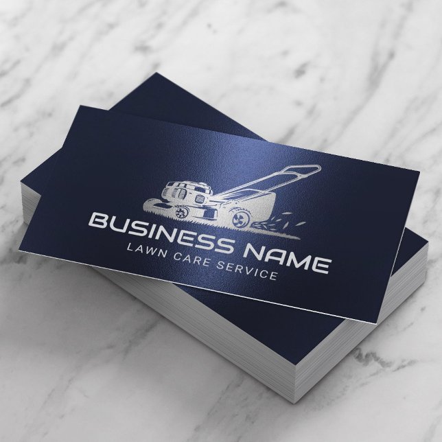Lawn Care & Landscaping Silver Mower Logo Navy Business Card (Creator Uploaded)