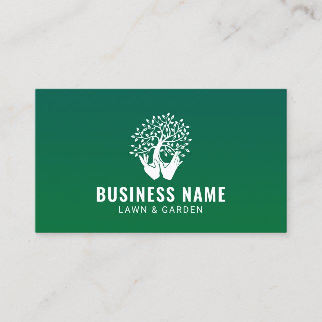 Lawn Care Landscaping Tree & Hands Logo Business Card (Front)