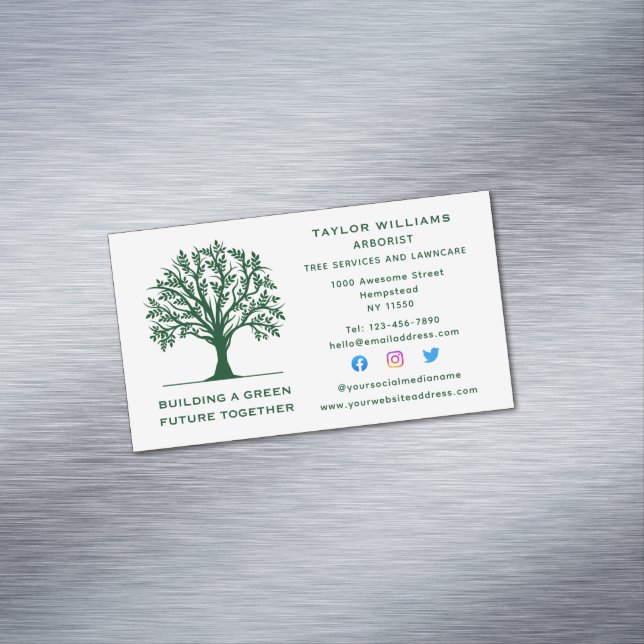Lawn Care Landscaping Tree Service Social Media Business Card Magnet (In Situ)