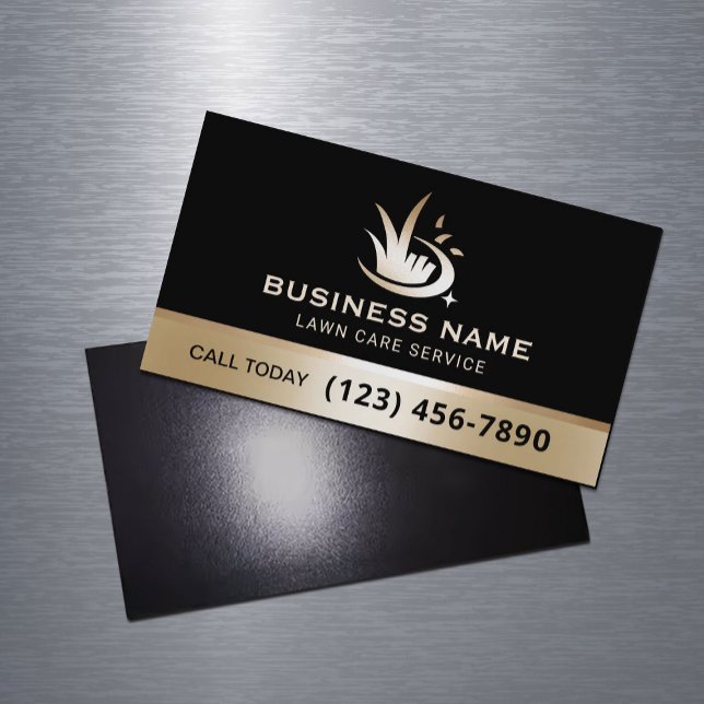 Lawn Care Logo Modern Black & Gold Landscaping Business Card Magnet (Creator Uploaded)