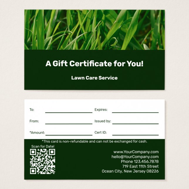Lawn Care Maintenance Company Gift Certificate (Front & Back)