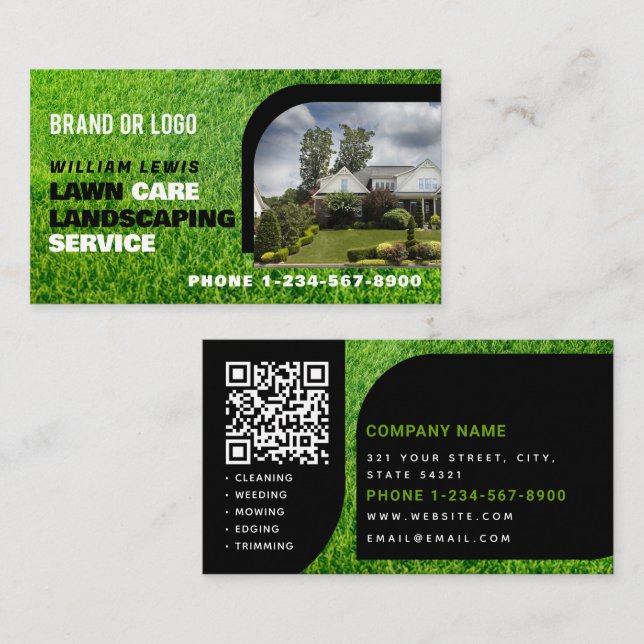 Lawn Care Photo Landscaping Mowing QR Code Business Card (Front/Back)